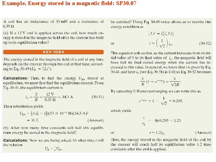 Example, Energy stored in a magnetic field: SP 30. 07 