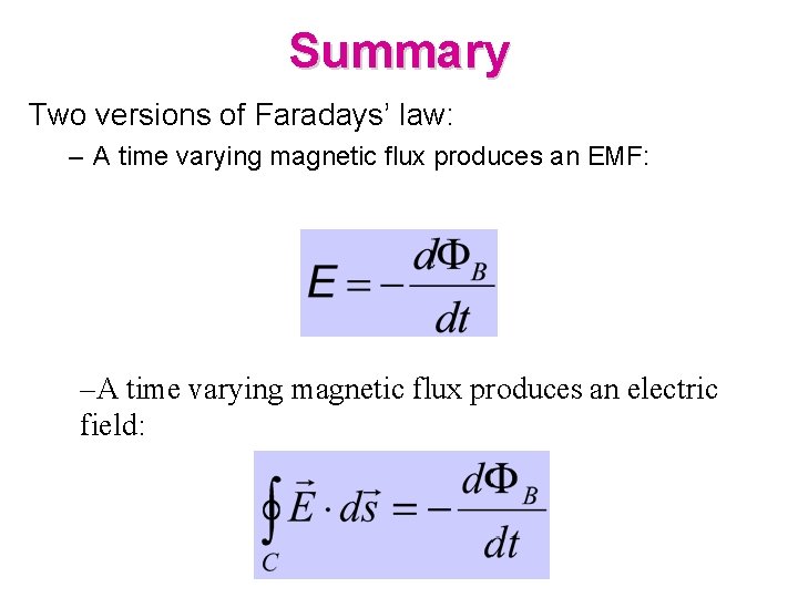 Summary Two versions of Faradays’ law: – A time varying magnetic flux produces an