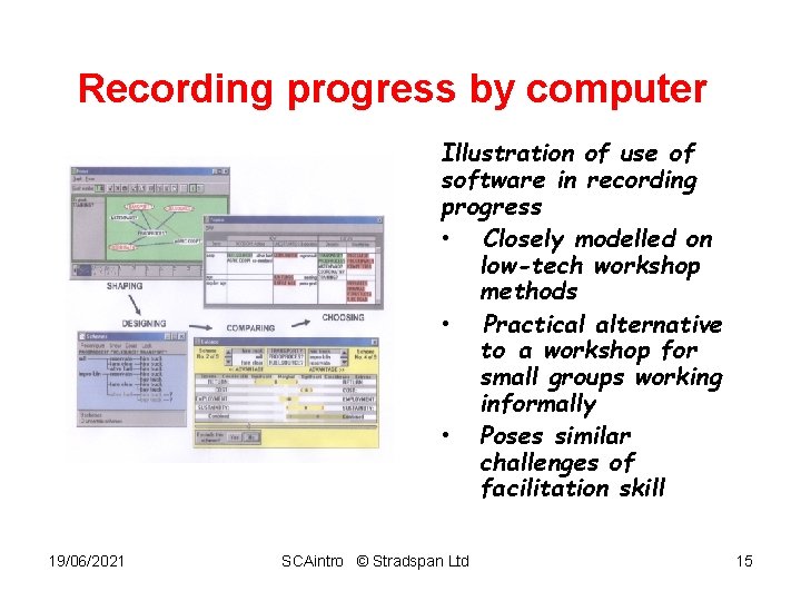 Recording progress by computer Illustration of use of software in recording progress • Closely