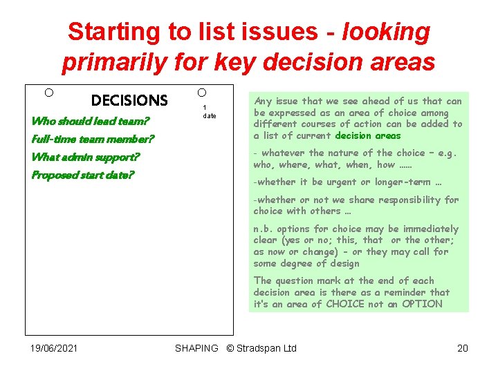 Starting to list issues - looking primarily for key decision areas DECISIONS Who should