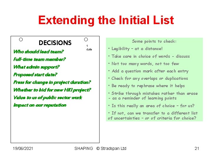 Extending the Initial List DECISIONS Some points to check: 1 date Who should lead