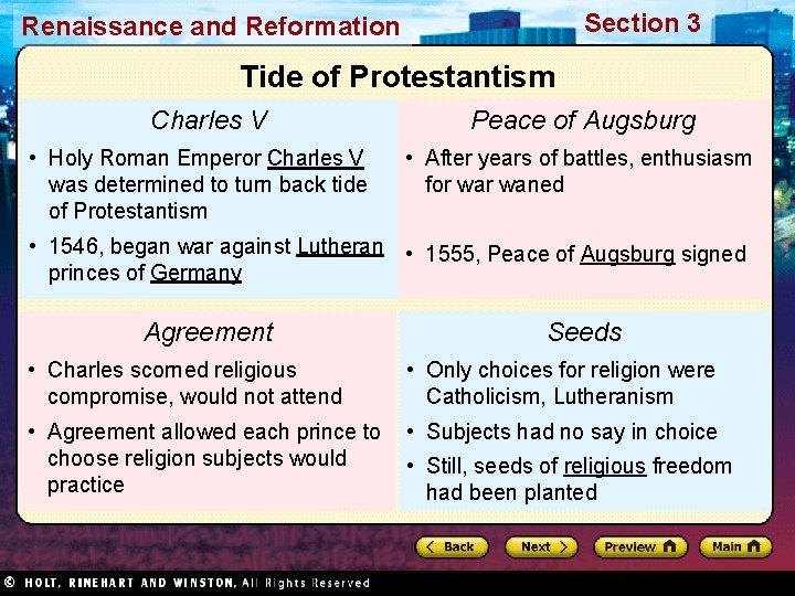Section 3 Renaissance and Reformation Tide of Protestantism Charles V • Holy Roman Emperor