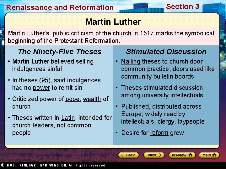 Section 3 Renaissance and Reformation Martin Luther’s public criticism of the church in 1517