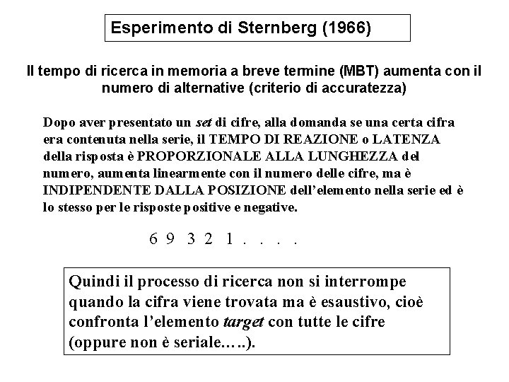 Esperimento di Sternberg (1966) Il tempo di ricerca in memoria a breve termine (MBT)