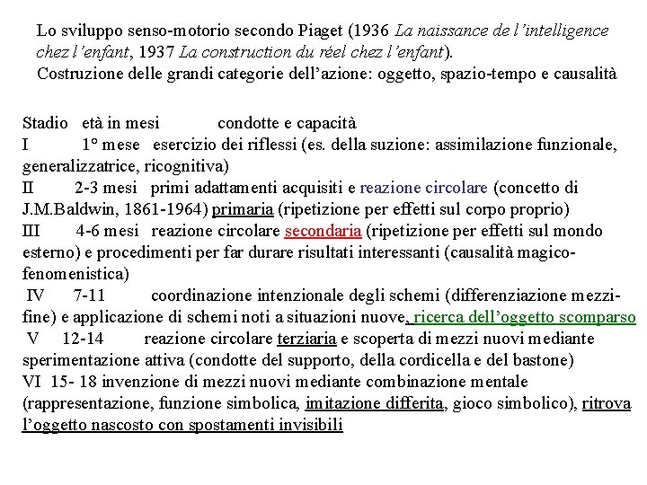 Lo sviluppo senso-motorio secondo Piaget (1936 La naissance de l’intelligence chez l’enfant, 1937 La