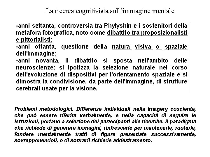 La ricerca cognitivista sull’immagine mentale -anni settanta, controversia tra Phylyshin e i sostenitori della