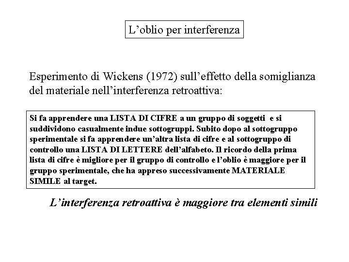 L’oblio per interferenza Esperimento di Wickens (1972) sull’effetto della somiglianza del materiale nell’interferenza retroattiva: