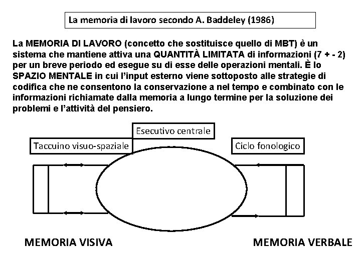 La memoria di lavoro secondo A. Baddeley (1986) La MEMORIA DI LAVORO (concetto che