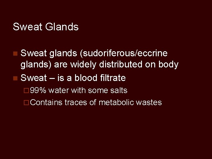 Sweat Glands Sweat glands (sudoriferous/eccrine glands) are widely distributed on body n Sweat –