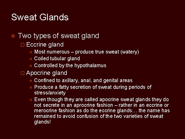 Sweat Glands n Two types of sweat gland ¨ Eccrine gland n Most numerous