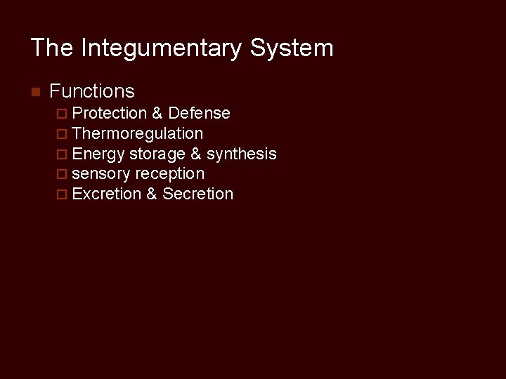 The Integumentary System n Functions ¨ Protection & Defense ¨ Thermoregulation ¨ Energy storage