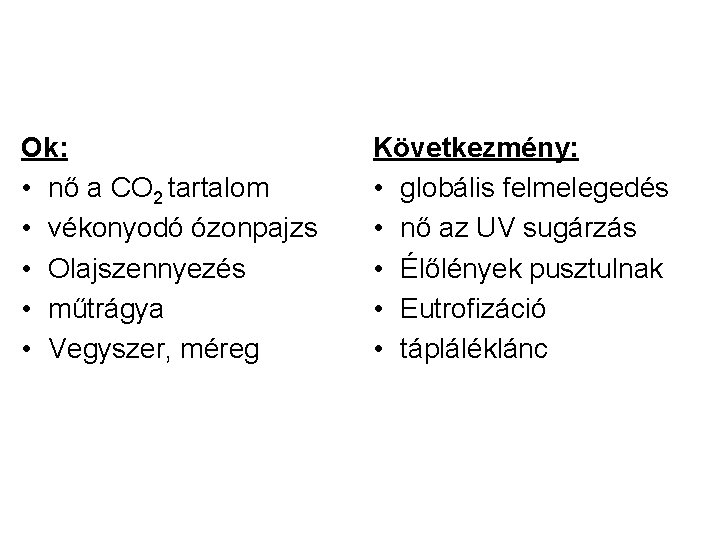 Ok: • nő a CO 2 tartalom • vékonyodó ózonpajzs • Olajszennyezés • műtrágya