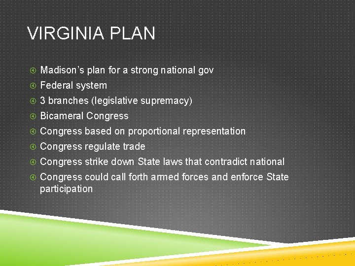 VIRGINIA PLAN Madison’s plan for a strong national gov Federal system 3 branches (legislative