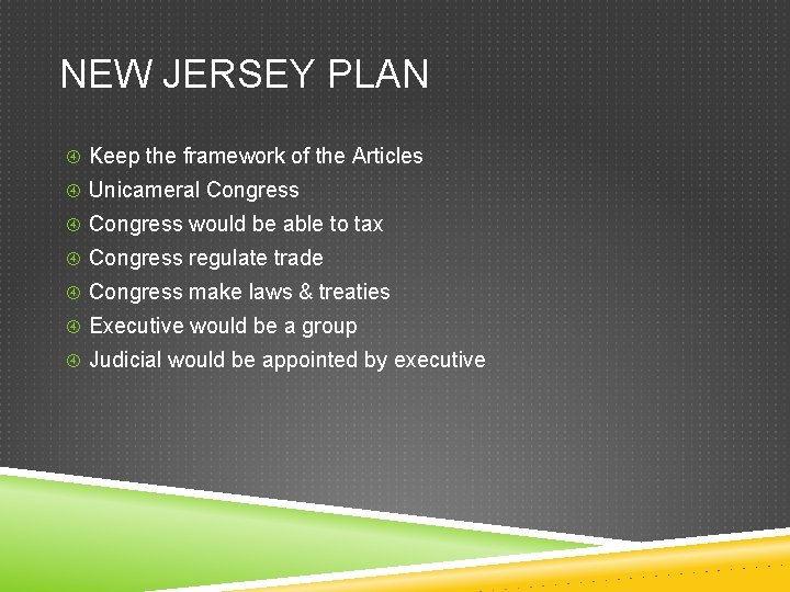 NEW JERSEY PLAN Keep the framework of the Articles Unicameral Congress would be able