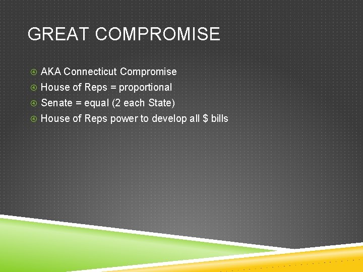 GREAT COMPROMISE AKA Connecticut Compromise House of Reps = proportional Senate = equal (2