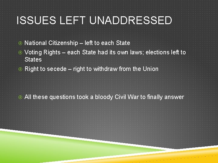 ISSUES LEFT UNADDRESSED National Citizenship – left to each State Voting Rights – each