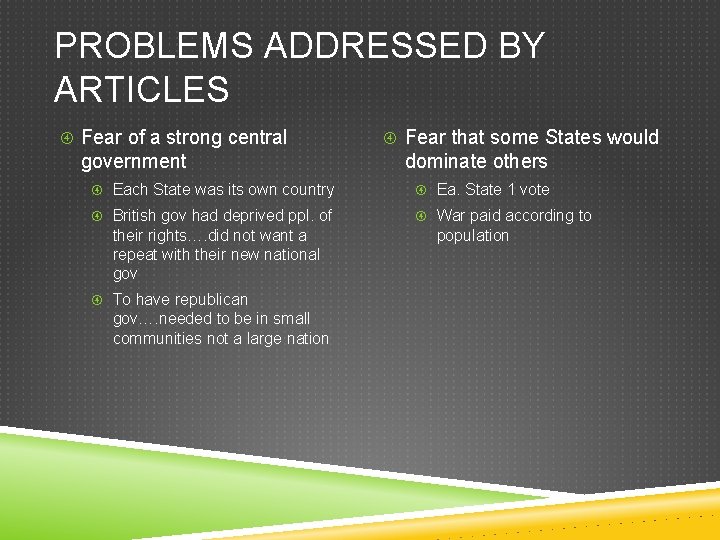 PROBLEMS ADDRESSED BY ARTICLES Fear of a strong central government Fear that some States