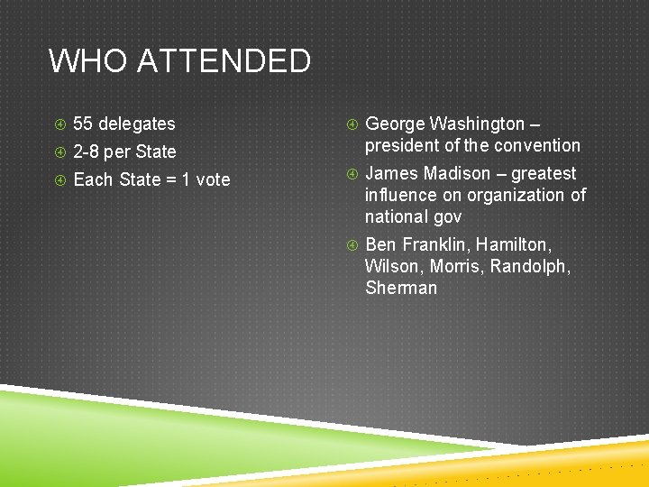 WHO ATTENDED 55 delegates 2 -8 per State Each State = 1 vote George