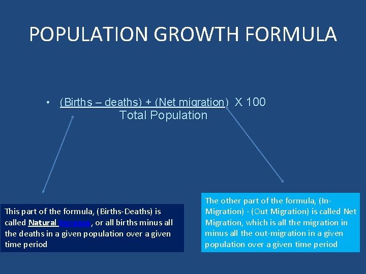 POPULATION GROWTH FORMULA • (Births – deaths) + (Net migration) X 100 Total Population