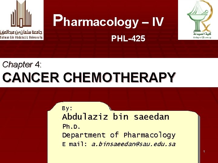 Pharmacology – IV PHL-425 Chapter 4: CANCER CHEMOTHERAPY By: Abdulaziz bin saeedan Ph. D.