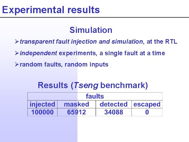 Experimental results Simulation Øtransparent fault injection and simulation, at the RTL Øindependent experiments, a