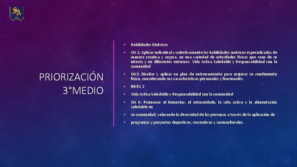 PRIORIZACIÓN 3°MEDIO • Habilidades Motrices • OA 1: Aplicar individual y colectivamente las habilidades