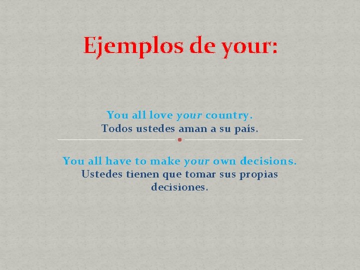 Ejemplos de your: You all love your country. Todos ustedes aman a su país.