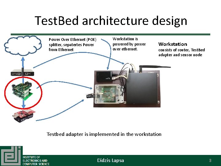 Test. Bed architecture design Power Over Ethernet (POE) splitter, sepatertes Power from Ethernet Workstation