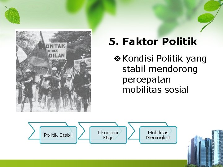 5. Faktor Politik v Kondisi Politik yang stabil mendorong percepatan mobilitas sosial Politik Stabil