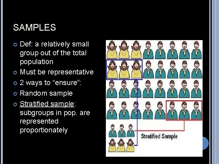 SAMPLES Def: a relatively small group out of the total population Must be representative
