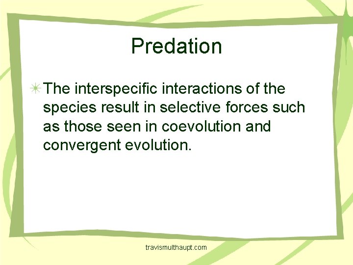 Predation The interspecific interactions of the species result in selective forces such as those