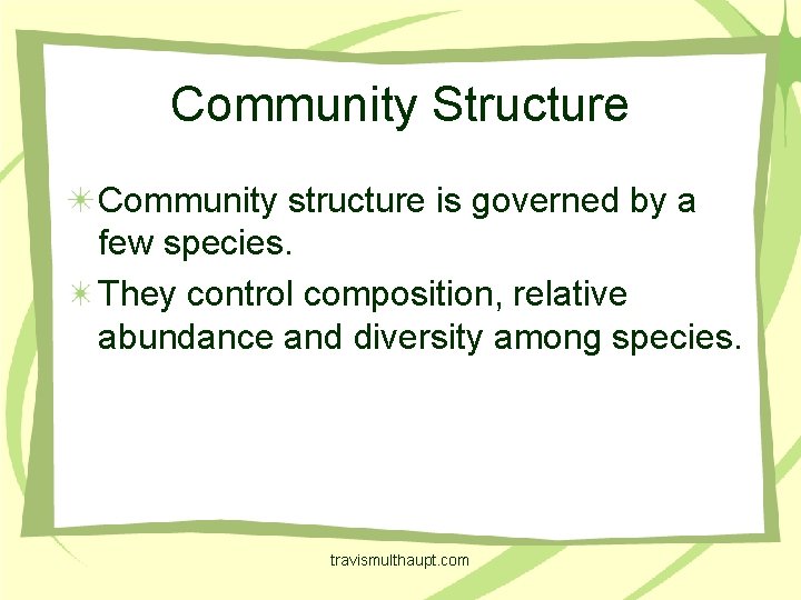 Community Structure Community structure is governed by a few species. They control composition, relative
