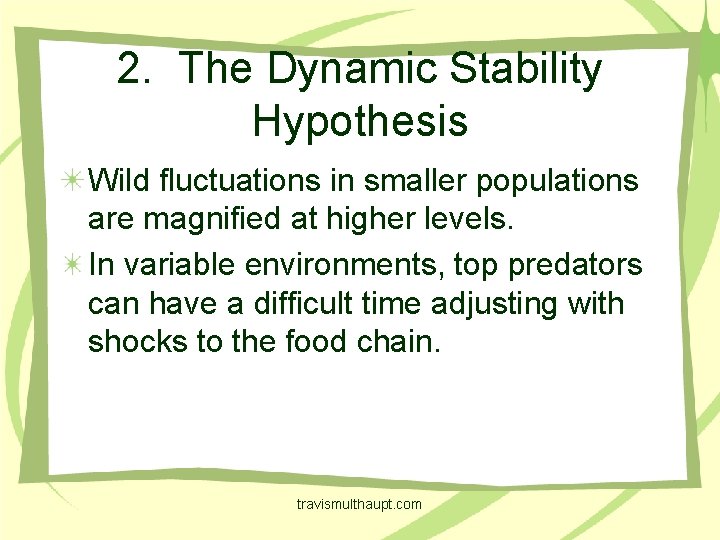 2. The Dynamic Stability Hypothesis Wild fluctuations in smaller populations are magnified at higher