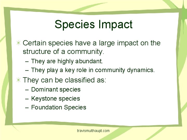 Species Impact Certain species have a large impact on the structure of a community.