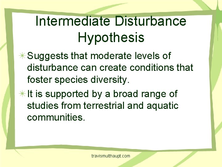 Intermediate Disturbance Hypothesis Suggests that moderate levels of disturbance can create conditions that foster