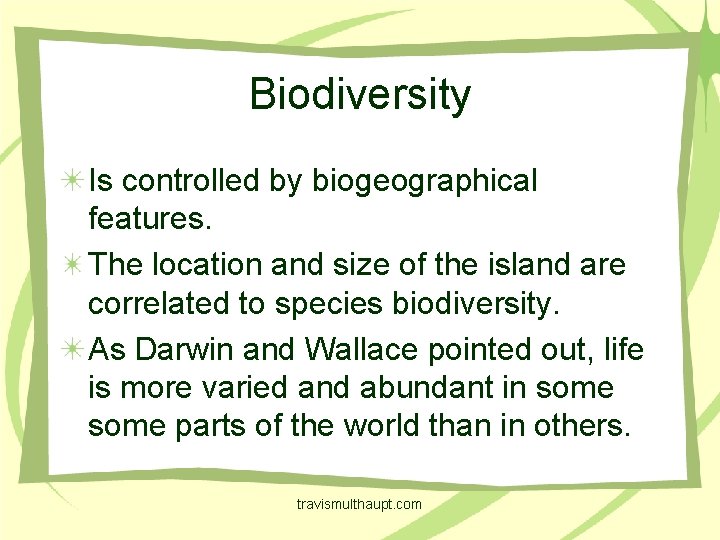 Biodiversity Is controlled by biogeographical features. The location and size of the island are