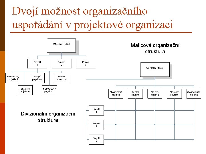 Dvojí možnost organizačního uspořádání v projektové organizaci Maticová organizační struktura Divizionální organizační struktura 