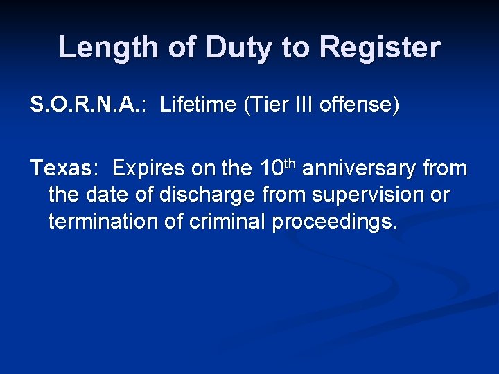 Length of Duty to Register S. O. R. N. A. : Lifetime (Tier III