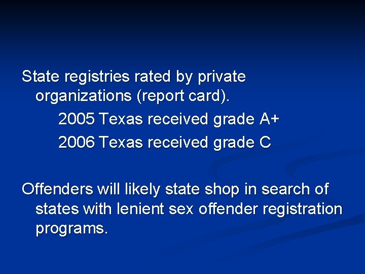 State registries rated by private organizations (report card). 2005 Texas received grade A+ 2006