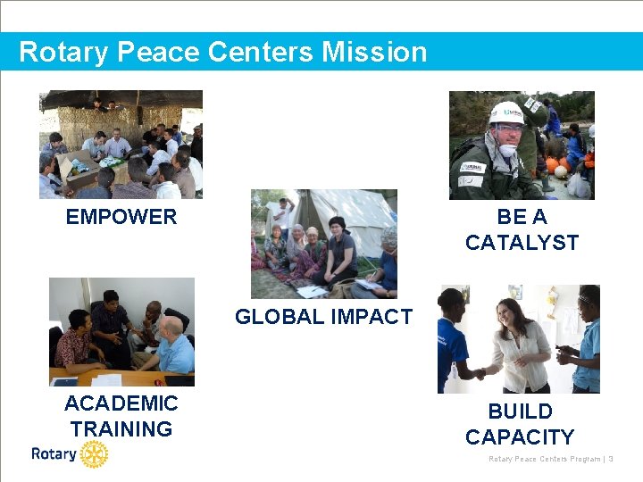 Rotary Peace Centers Mission EMPOWER BE A CATALYST GLOBAL IMPACT ACADEMIC TRAINING BUILD CAPACITY