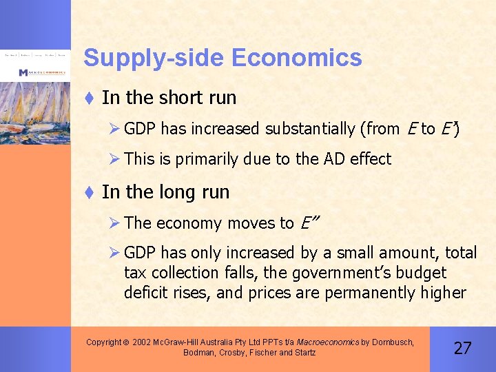 Supply-side Economics t In the short run Ø GDP has increased substantially (from E