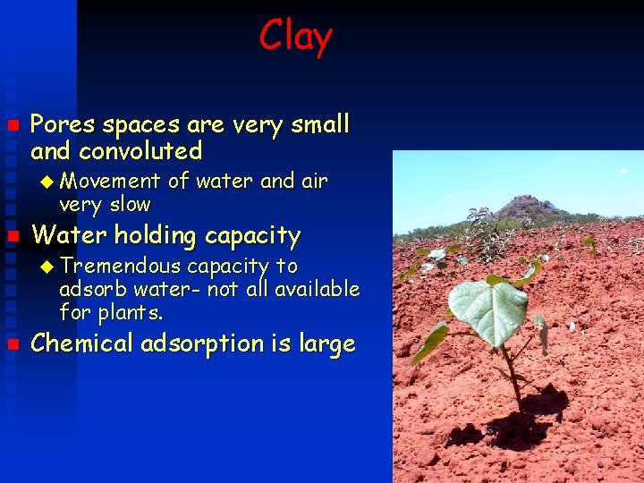 Clay n Pores spaces are very small and convoluted u Movement very slow n Clay n Pores spaces are very small and convoluted u Movement very slow n