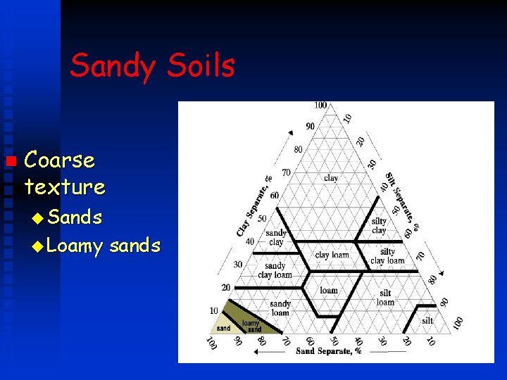 Sandy Soils n Coarse texture u Sands u Loamy sands 