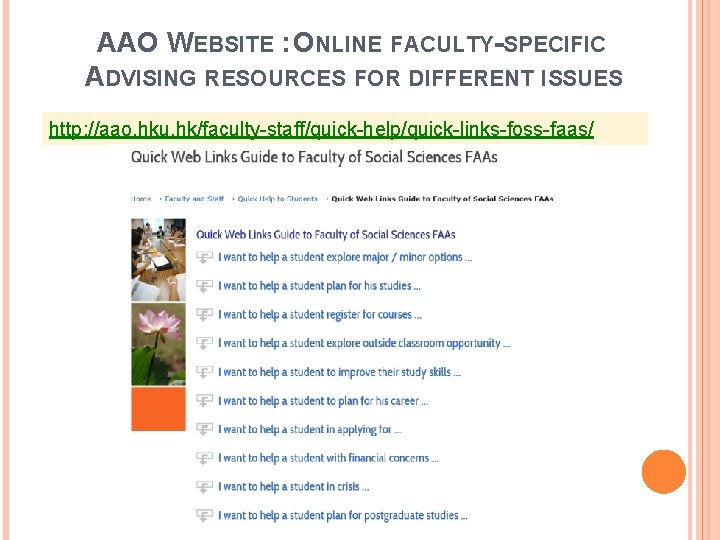 AAO WEBSITE : ONLINE FACULTY-SPECIFIC ADVISING RESOURCES FOR DIFFERENT ISSUES http: //aao. hku. hk/faculty-staff/quick-help/quick-links-foss-faas/