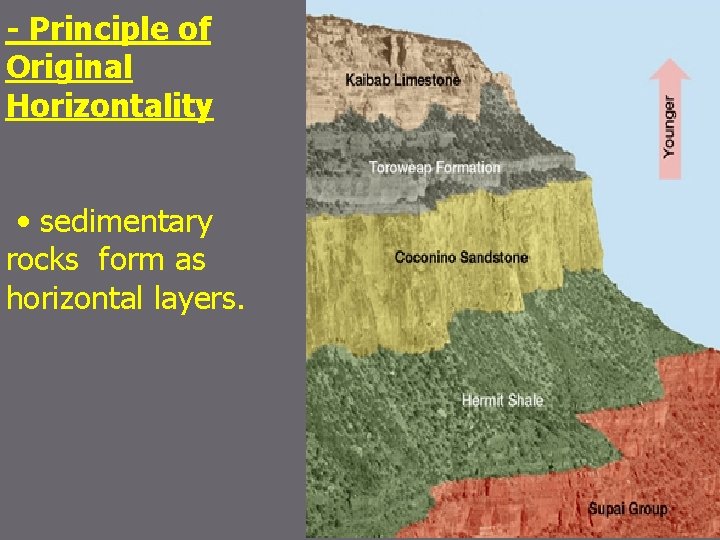 - Principle of Original Horizontality • sedimentary rocks form as horizontal layers. 