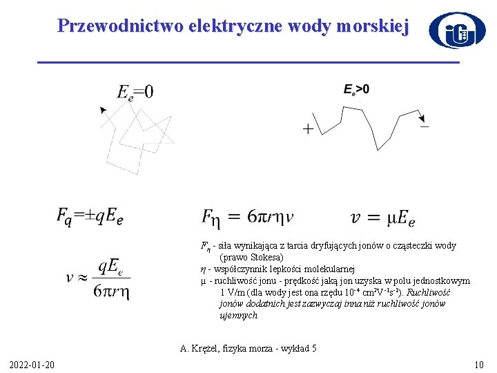 Przewodnictwo elektryczne wody morskiej Fη - siła wynikająca z tarcia dryfujących jonów o cząsteczki