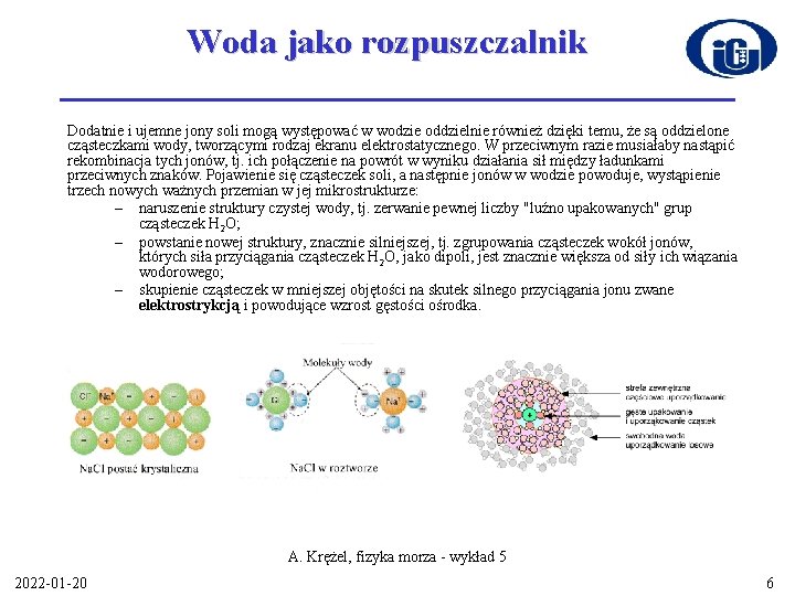 Woda jako rozpuszczalnik Dodatnie i ujemne jony soli mogą występować w wodzie oddzielnie również