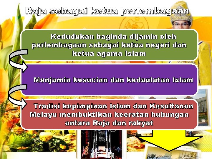 Raja sebagai ketua perlembagaan Kedudukan baginda dijamin oleh perlembagaan sebagai ketua negeri dan ketua