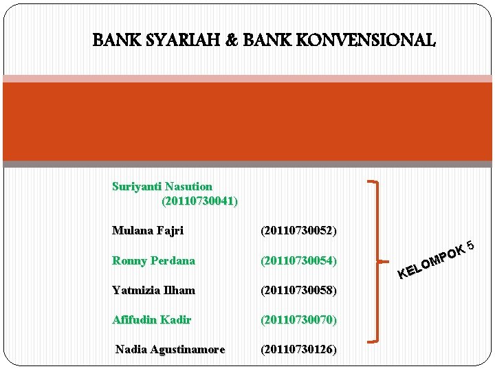BANK SYARIAH & BANK KONVENSIONAL Suriyanti Nasution (20110730041) Mulana Fajri (20110730052) Ronny Perdana (20110730054)