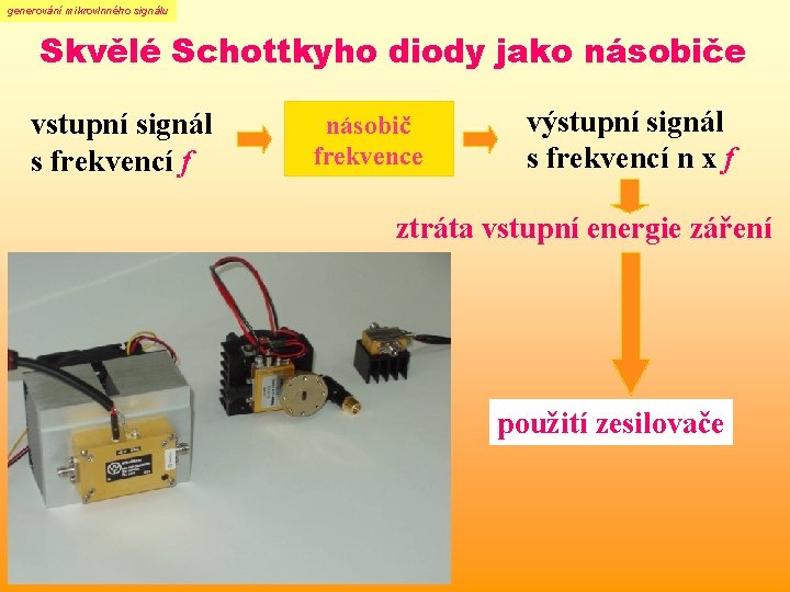 generování mikrovlnného signálu Skvělé Schottkyho diody jako násobiče vstupní signál s frekvencí f násobič generování mikrovlnného signálu Skvělé Schottkyho diody jako násobiče vstupní signál s frekvencí f násobič